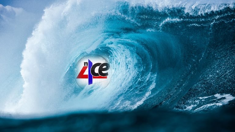 Ocean waves crashing with n4ce logo in crest of wave