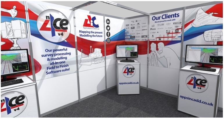 Image of AiC's exhibition stand, with PC monitors showing n4ce software