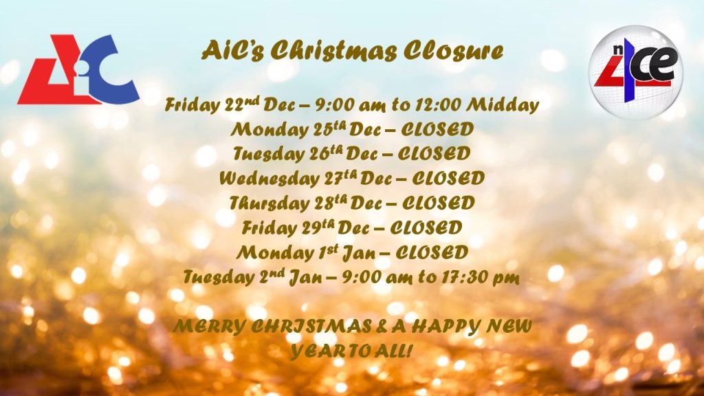 AiC logo and n4ce logo above Christmas opening times.